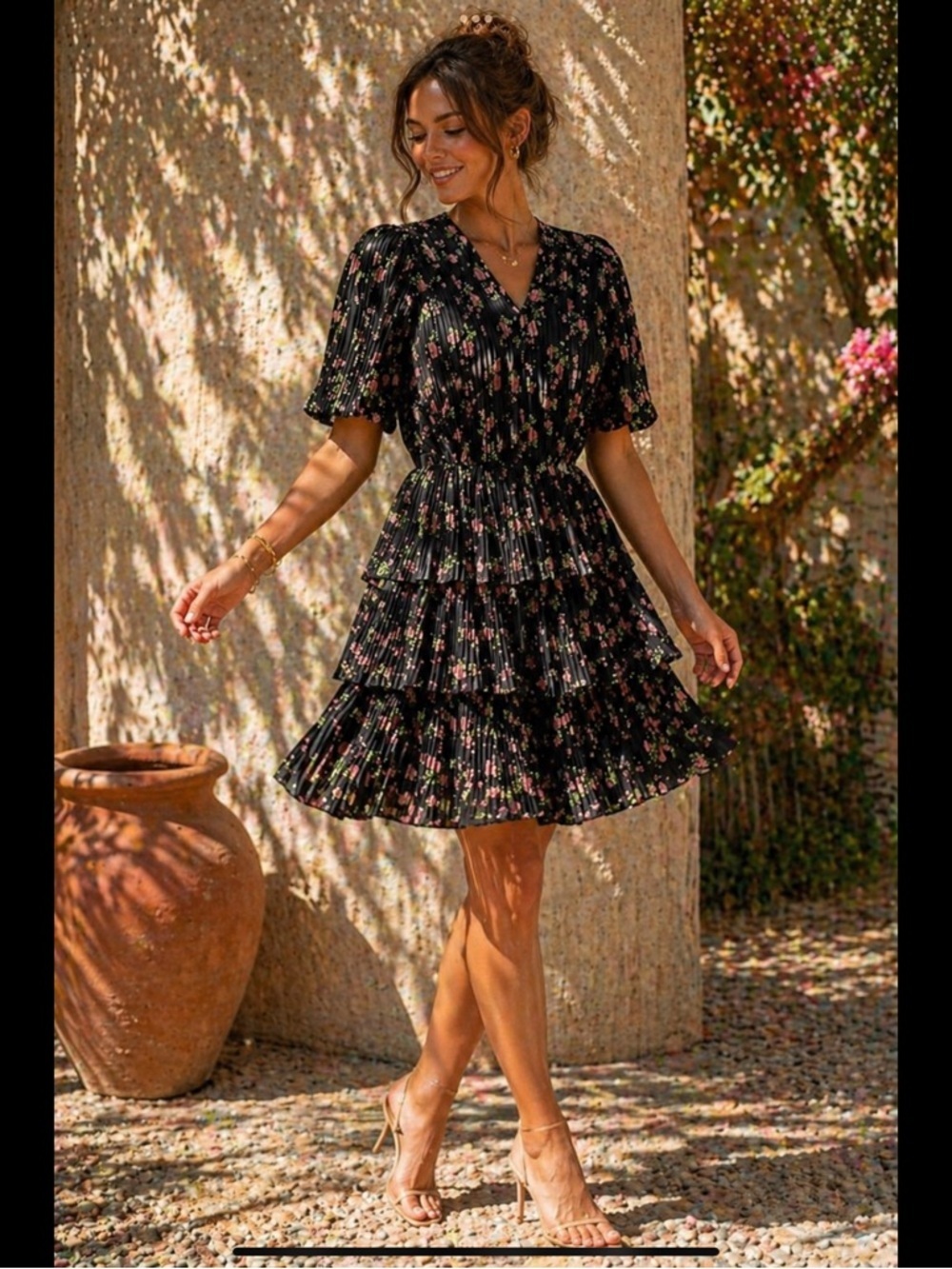 WAYF Romantic Coquette Floral Pleated Tiered Mini Dress XS